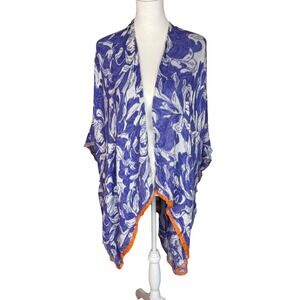 Anna & Ava Blue‎ White Floral Jacquard Kimono Wrap One Size Orange Trim